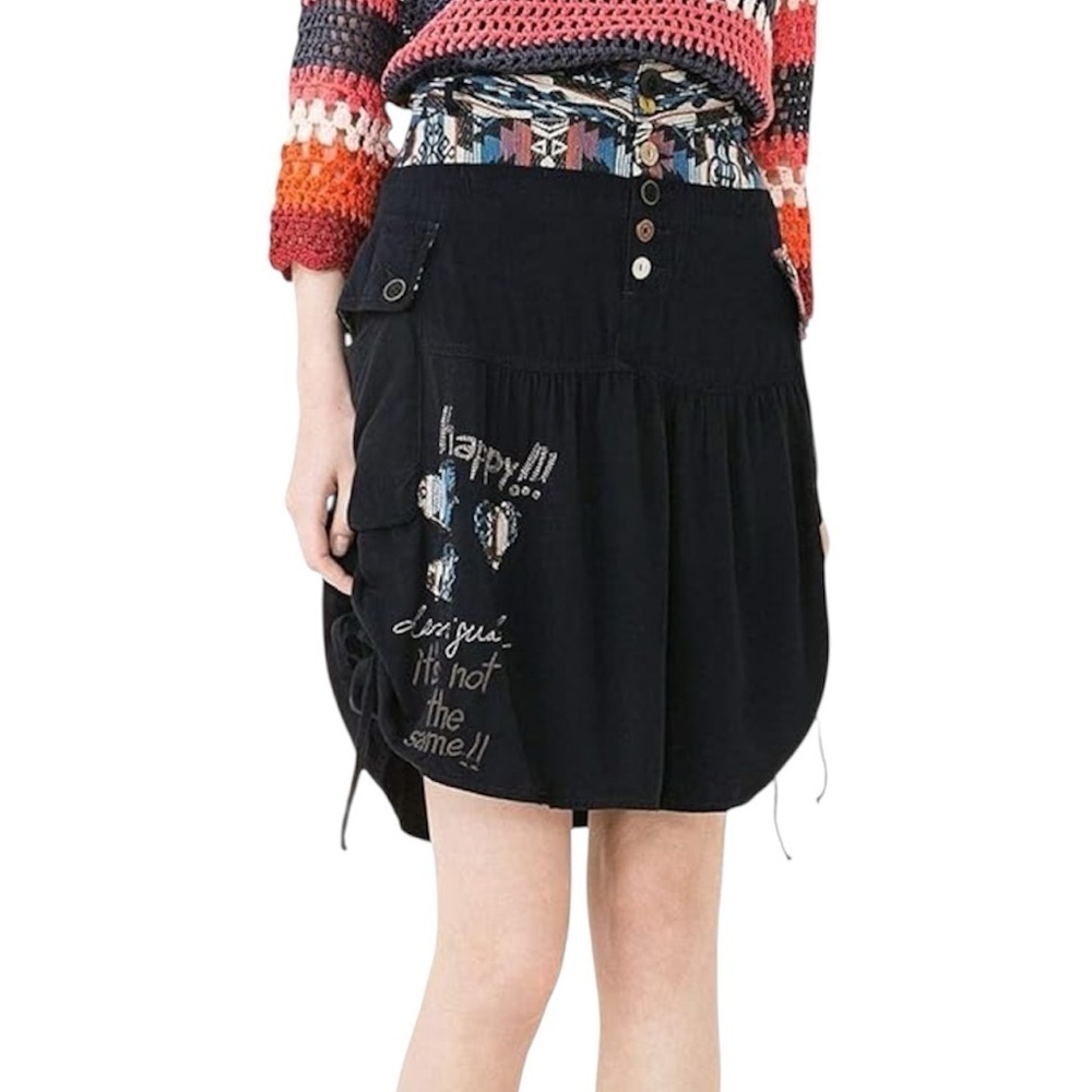 Desigual Aztec Embroidered Knitted Waist Mismatch Buttons Skirt Medium EU 4 Blue